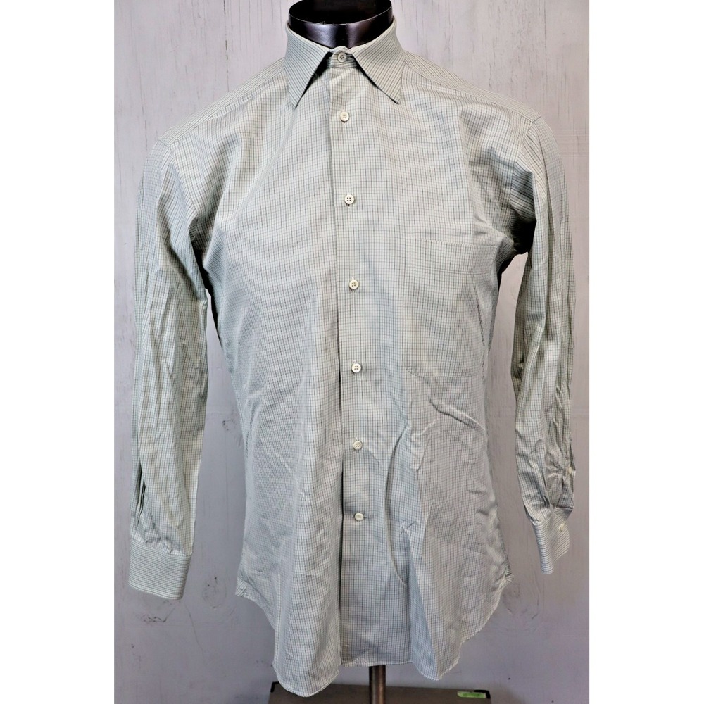 Mens Ermenegildo Zegna Dress Shirt Size 15 Button Front Green Brown White Spread